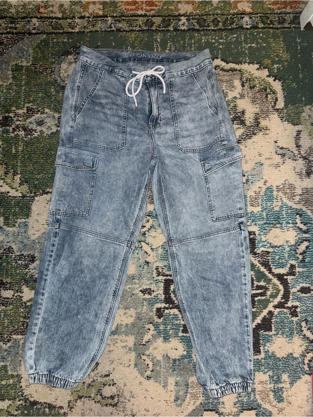 American Eagle Outfitters Denim Cargo Jogger Pants Size 12 Acid Wash